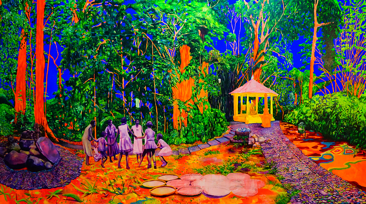 Painting by Zico Albaiquni, Ruwatan Tanah Air Beta, Reciting Rites in its Sites (2019). This work confronts the coloniality of botanical gardens.